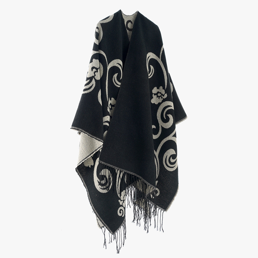 Dam jacquard poncho-stil overlay med reversible function och fringed fåll