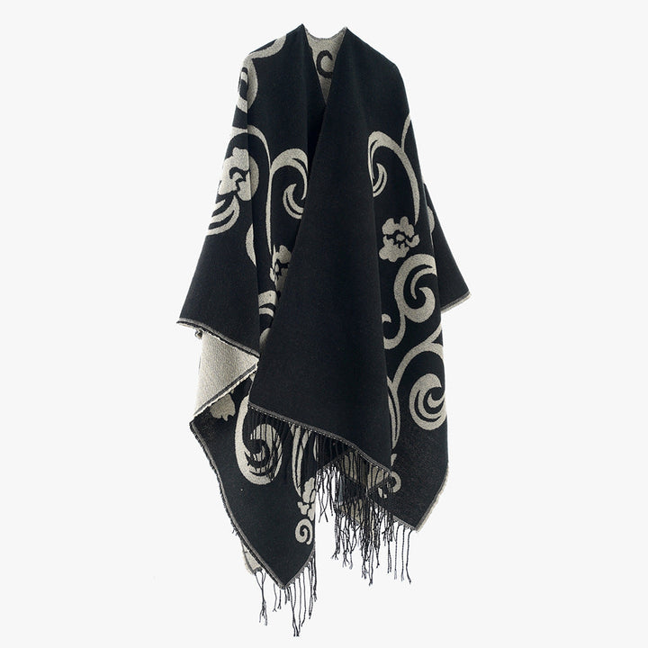 Dam jacquard poncho-stil overlay med reversible function och fringed fåll