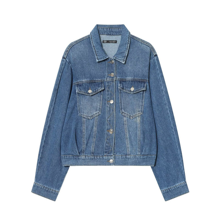 Dam Kort Skärning Oversize Denimjacka med Lock Fickor