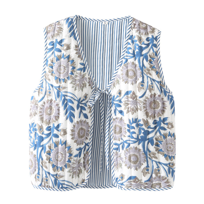 Dam quiltad patchwork väst med tie och V-neck
