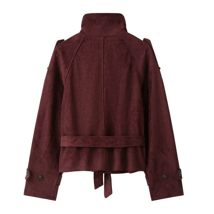 Dam Kort Jacka Tillverkad av Suede Imitation med Hög Stå Krage och Tie Belt