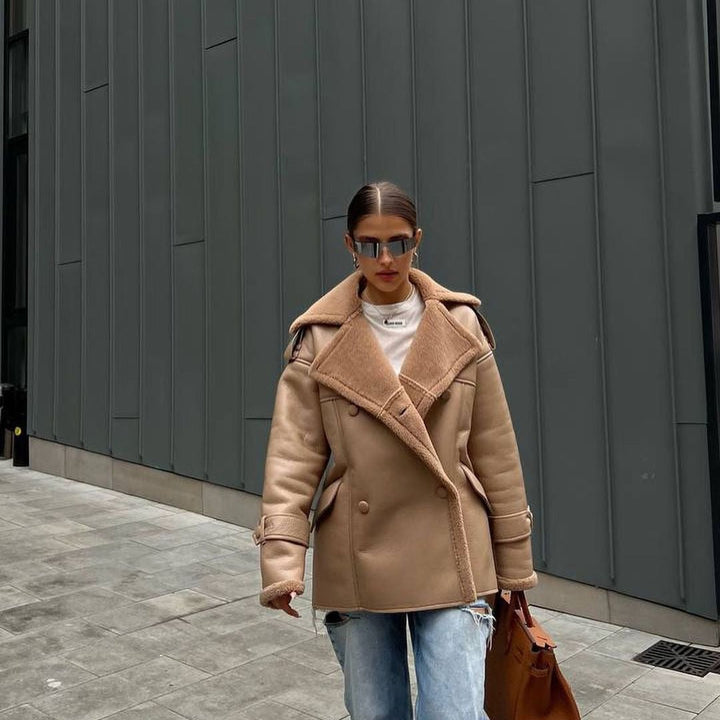 Dam oversize Flight jacka gjord Lambskin Imitation med Double-Breasted knappslå
