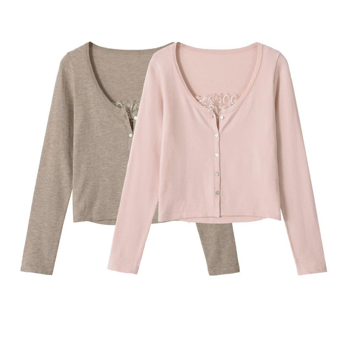 Dam Fine Knapp Jacka med Lace Detail och Boat Neck