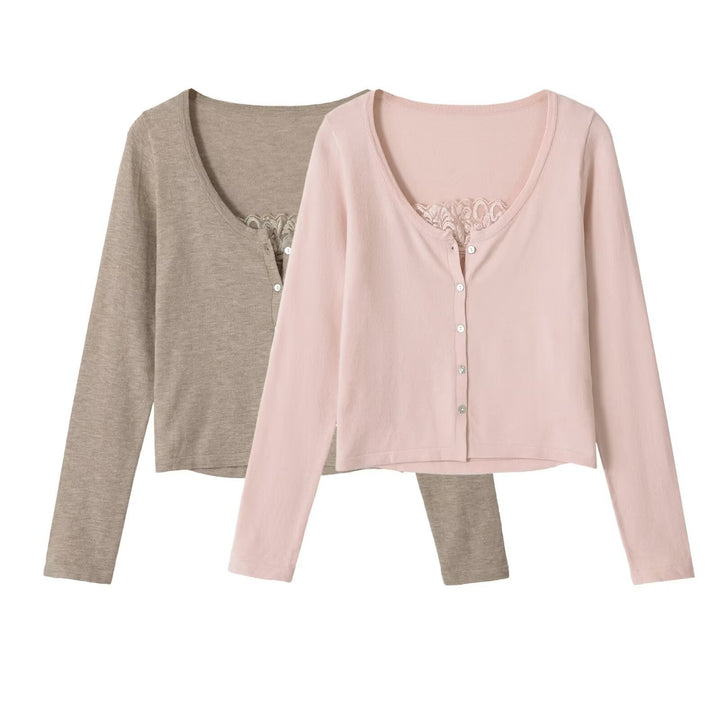 Dam Fine Knapp Jacka med Lace Detail och Boat Neck