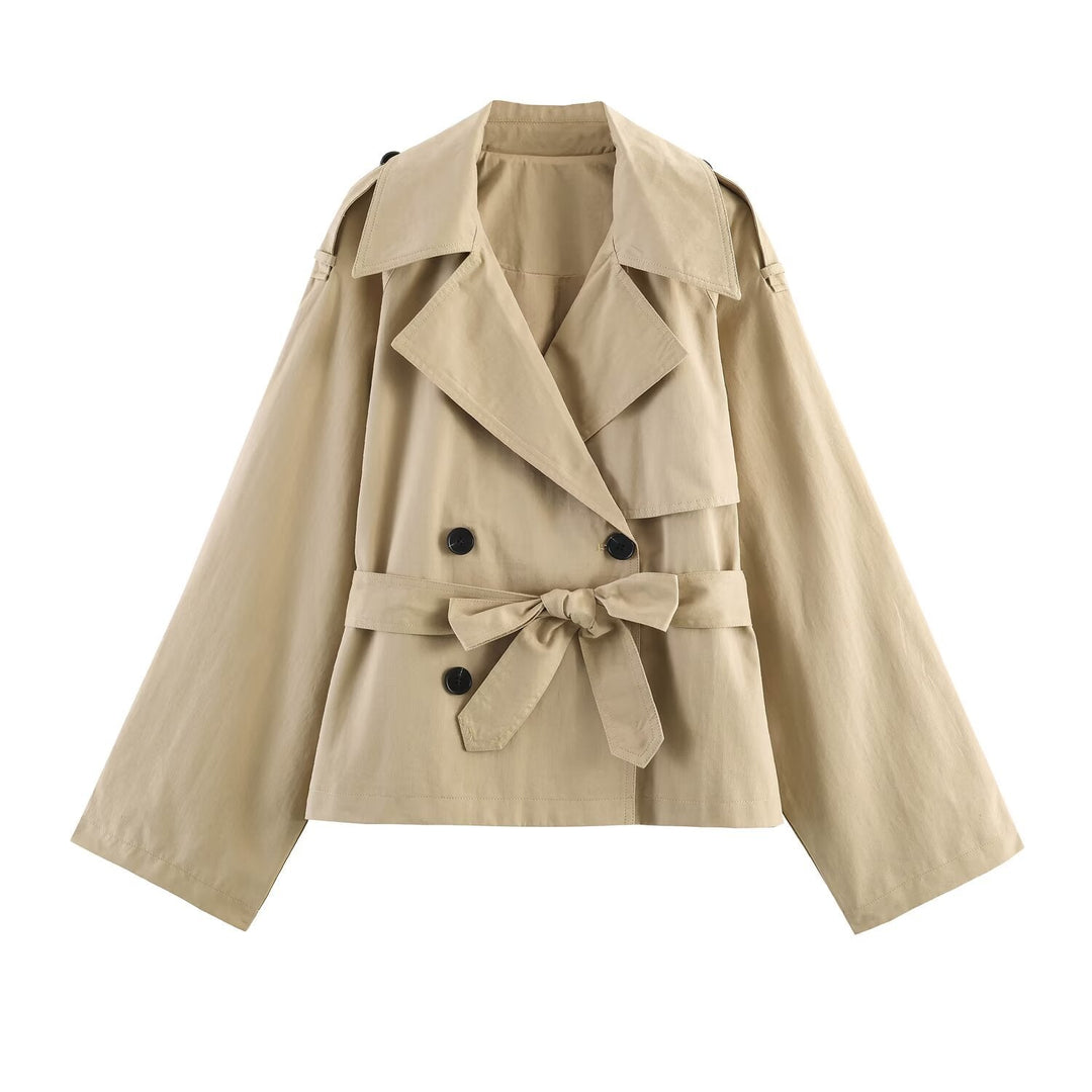 Dam Kort Cape Trenchcoat med Double-Breasted Knapp Knäppning och Tie Belt