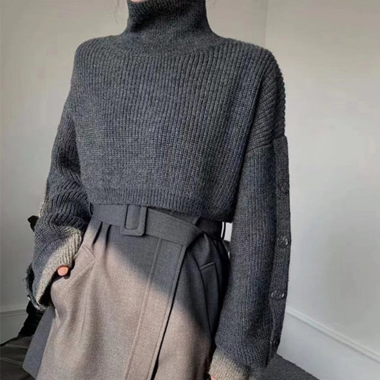 Dam kort-skärning Turtleneck Bolero Wrap med lång ärm knappar
