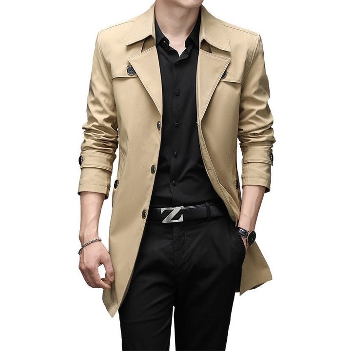 Herr Smal Passform Trenchcoat med Lapel Krage och Subtil Knapplist