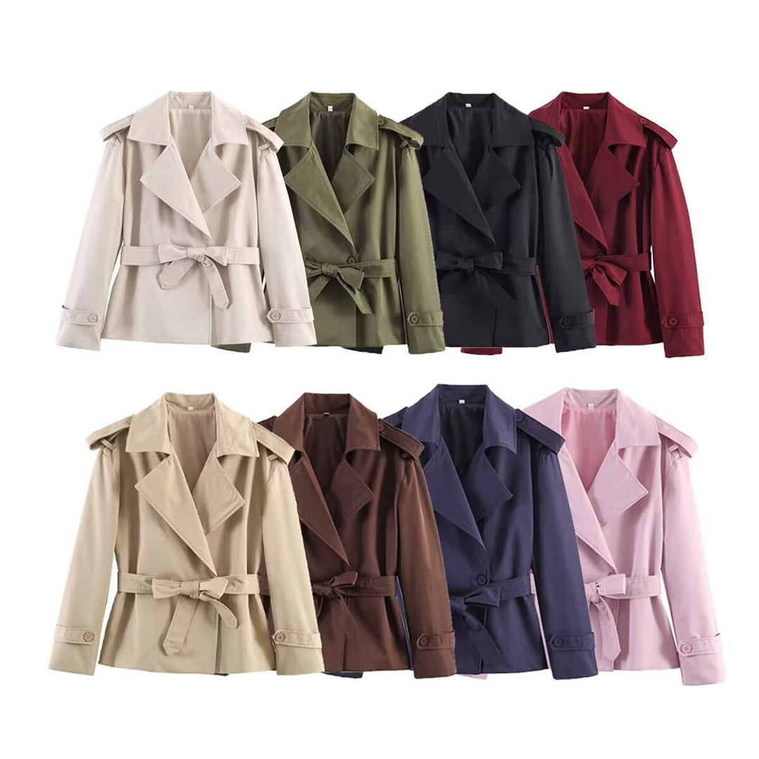 Dam Kort Trenchcoat med Waist Belt, Double-Breasted Front och Shoulder Flaps