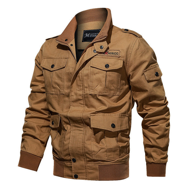 Herr Military-Inspired Canvas Fältjacka med Epaulettes, Flera Fickor och Ribbad Fåll