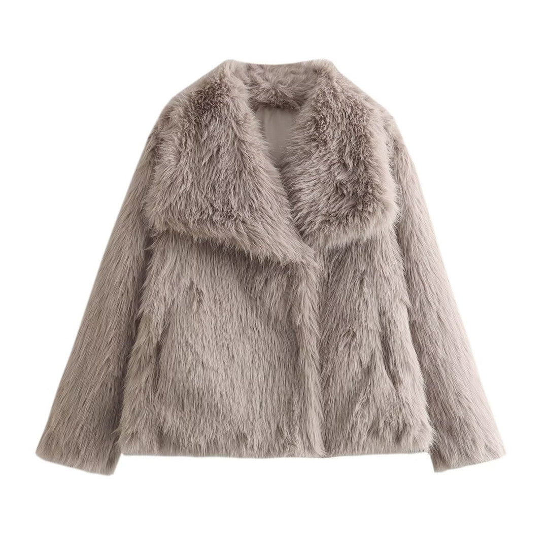 Dam kort Boxy Faux Fur jacka med vid Shawl krage och lång Fiber Faux Fur