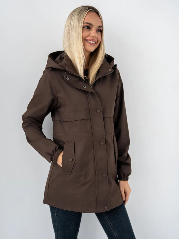 Dam Water-Repellent med Huva Parka med Midja med Dragsko och Utanpåfickor