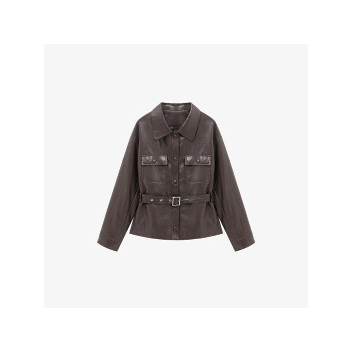 Dam läderjacka in oversize utility stil med midjebälte
