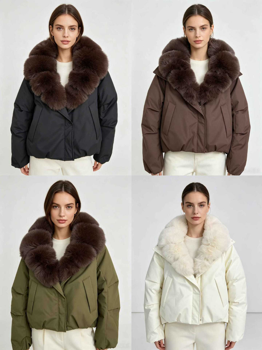 Dam nan kort thermal kviltad jacka med voluminous removable faux fur krage och skräddad fåll