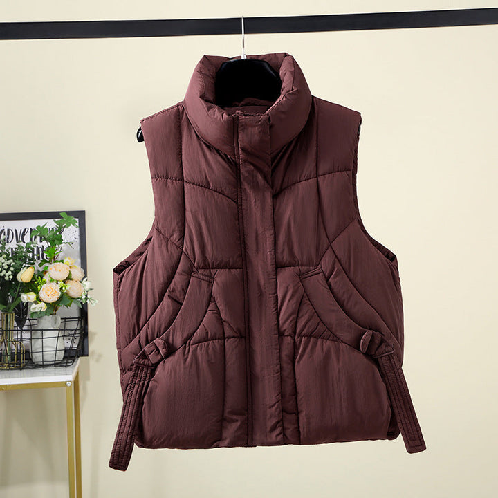 Dam Voluminous Sleeveless Down-look väst med bred ståkrage och Side Gathered Straps
