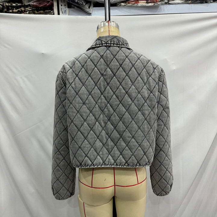 Dam avslappnad quiltad denim look kort jacka med diamond mönster och ties
