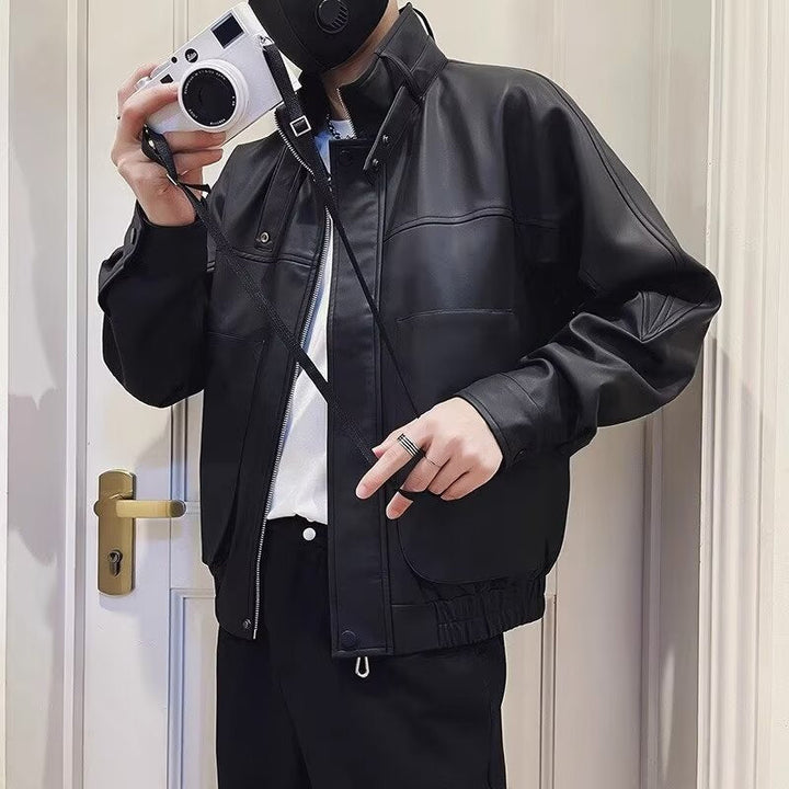 Herr Biker-Inspired Konstläder Bomberjacka med Stående Krage och Elastisk Fåll
