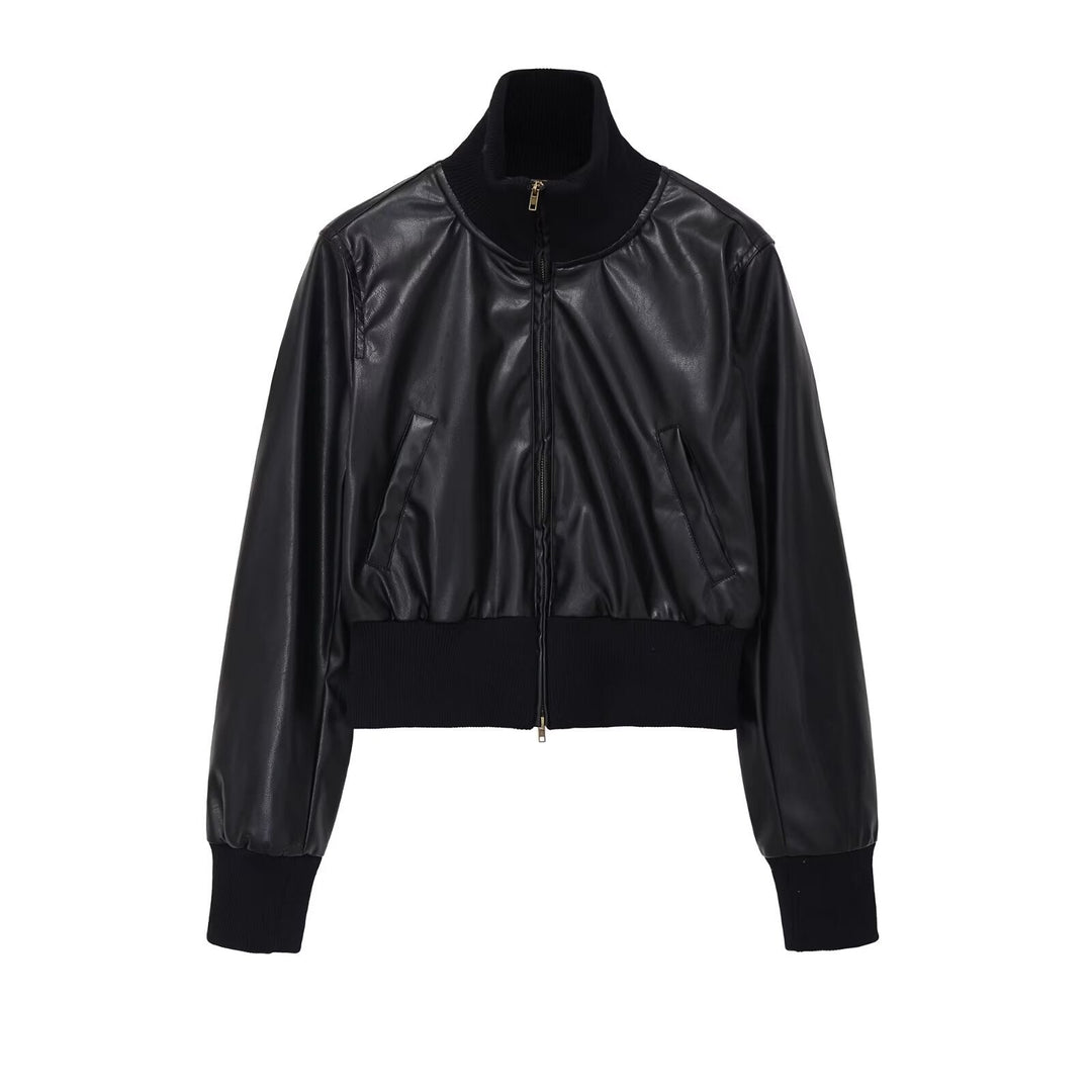 Dam Kort Jacka i Läderlook med Hög Structured Krage och Fitted Ribbed Waistband