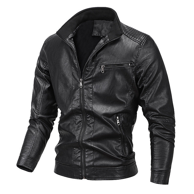 Herr Konstläder Moto Jacka med Stående Krage, Särpräglad Quiltad Design, och Zip Fickor