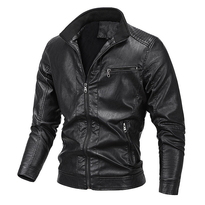 Herr Konstläder Moto Jacka med Stående Krage, Särpräglad Quiltad Design, och Zip Fickor