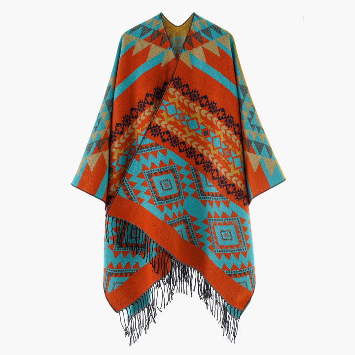 Dam Oversize Jacquard Cape i Ethno Jacquard med Fringing