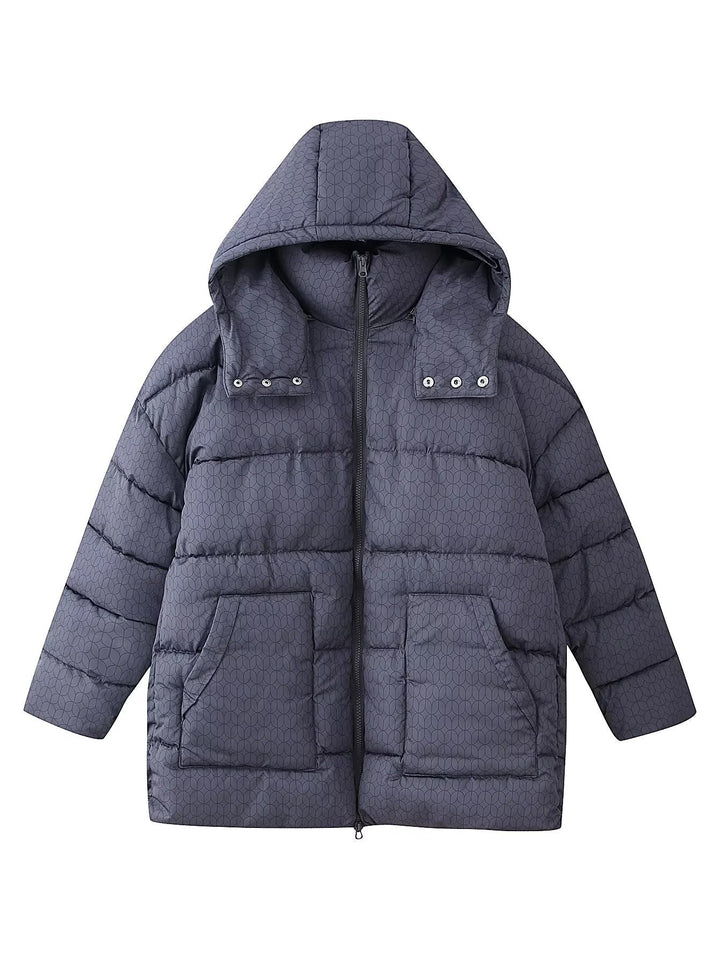 Dam non-quiltad hooded jacka med graphic quiltad mönster, two-way dragkedja och oversized fickor