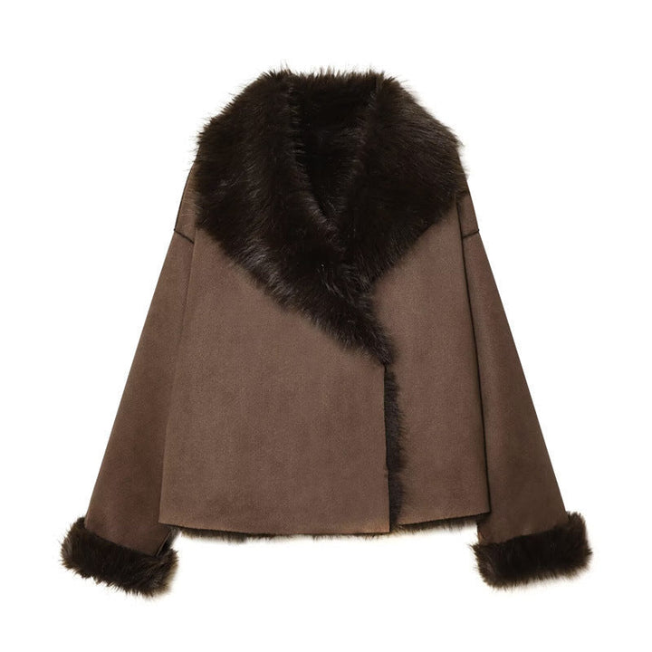 Dam Kort Jacka i Lambskin Look med Voluminous Fur Krage och Shortened Ärmar
