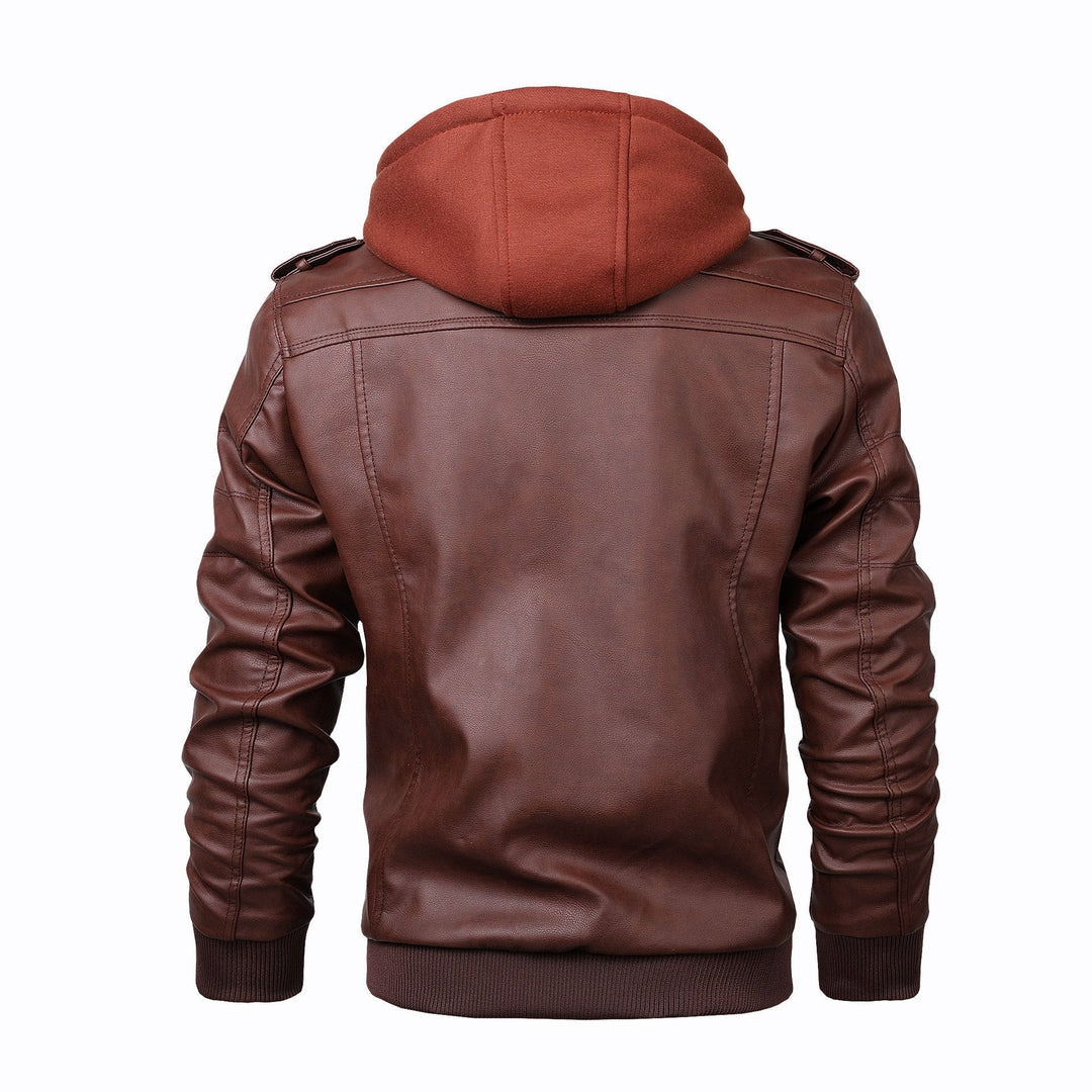 Herr Stilren Läderjacka med Huva och Inner Fleece