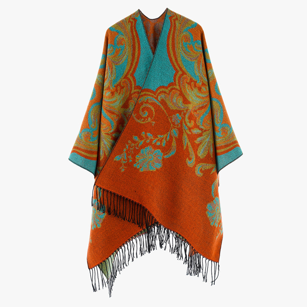 Dam Jacquard poncho Wrap i Baroque mönster med Fringes