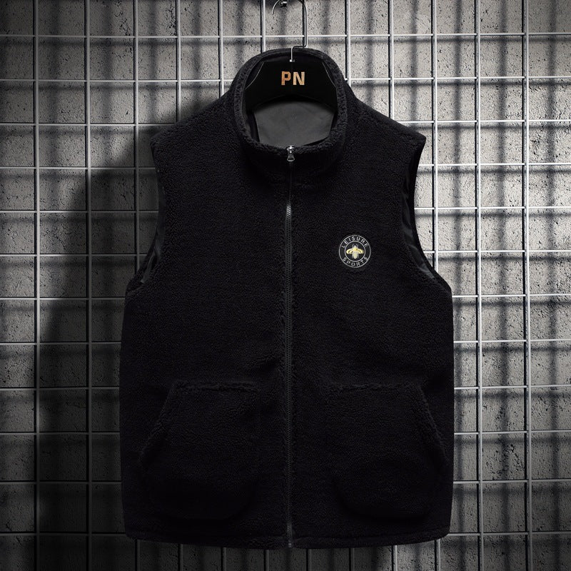 Herr Vadderad Teddy Fleece Väst med Huva, Hel Dragkedja och Letter Patch
