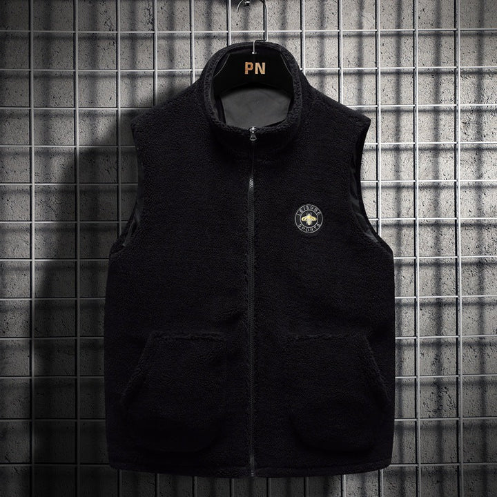 Herr Vadderad Teddy Fleece Väst med Huva, Hel Dragkedja och Letter Patch