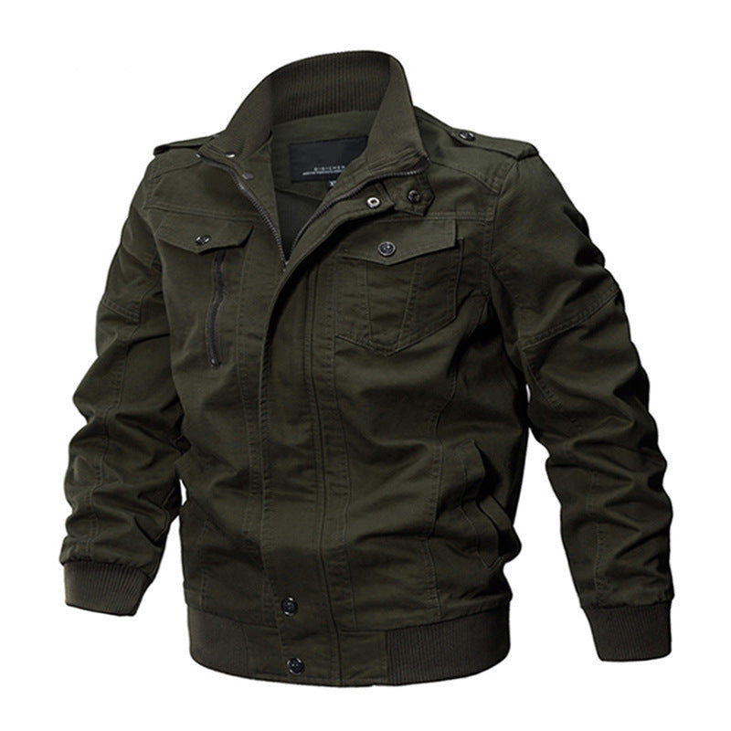Herr Canvas Fältjacka i Militär Utility Stil med Axel Epaulets och Dold Tvåvägsdragkedja