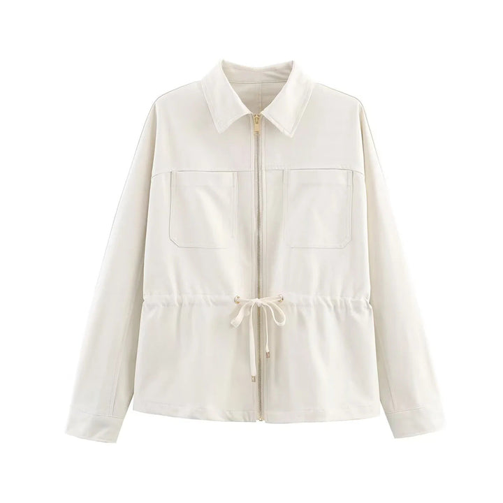Dam lätt shirt jacka med drawstring waist, full-length dragkedja, och patch bröstfickor