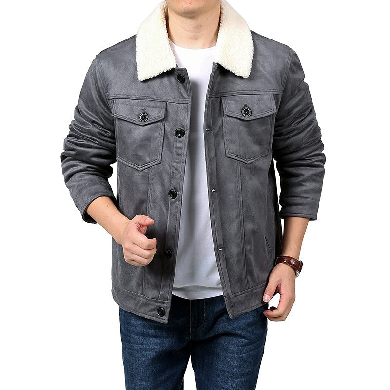 Herr Suede-Like Skjortjacka i Trucker Stil med Teddy Krage &amp; Lockfickor