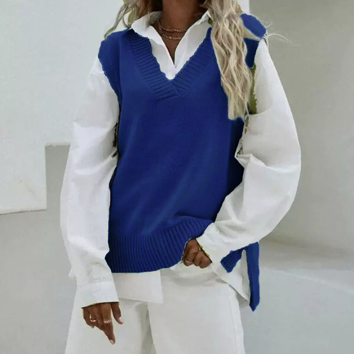 Dam Sleeveless stickad väst med V-Neck och Side Slits