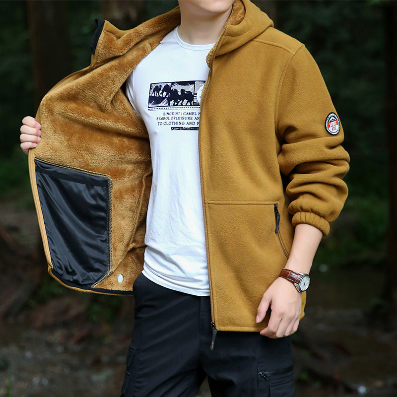 Herr Utomhus Fleece Jacka med Huva, Hel Dragkedja och Zip Fickor