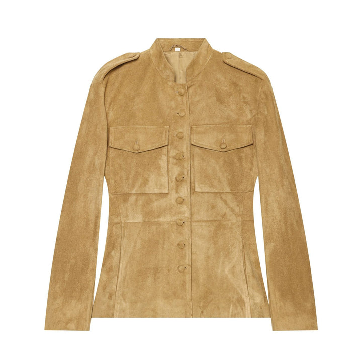 Dam Military-Inspired Jacka i Velour Look med Stå Krage och Lock Fickor