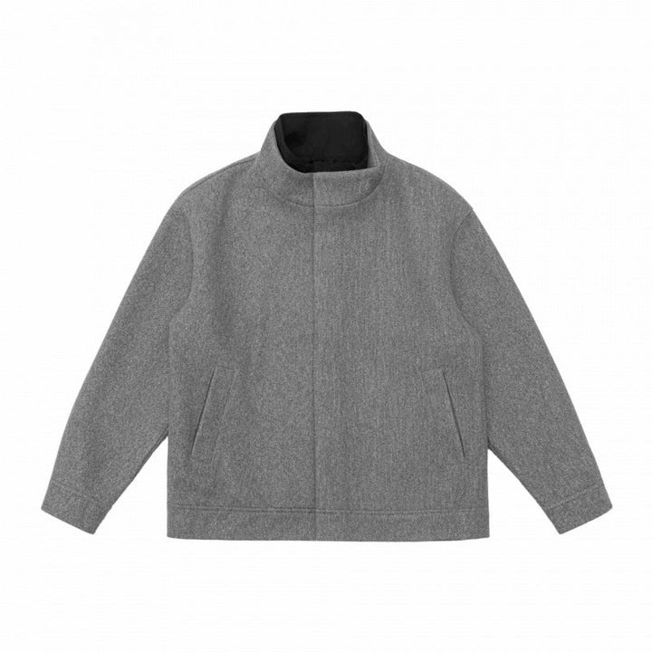 Herr kort skärning ullblandning blouson jacka med ståkrage, dold knäppslå och enkel siluett
