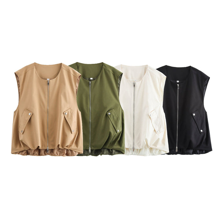 Dam figursydd sleeveless utilityväst med hel dragkedja, patch snap-button fickor, och elastisk fåll
