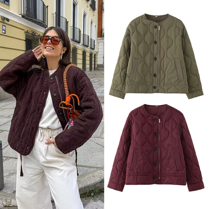 Dam Quiltad Jacka med Round Quiltad Mönster, Round Neck och Two-Way Dragkedja