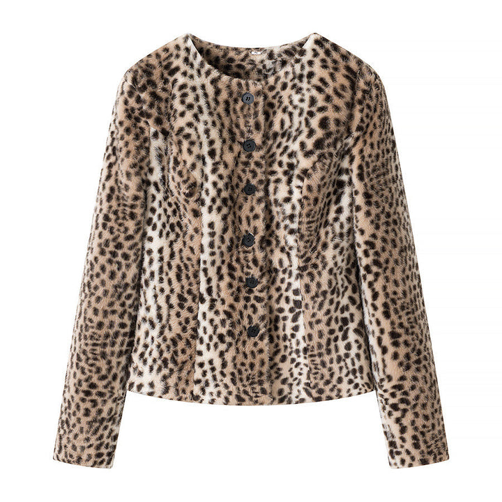 Dam Kort Jacka Gjord av Konstpäls med Leopardmönster och Knapplist