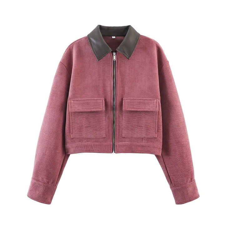 Dam kort Cord jacka in Blouson stil med läder krage och Flap fickor