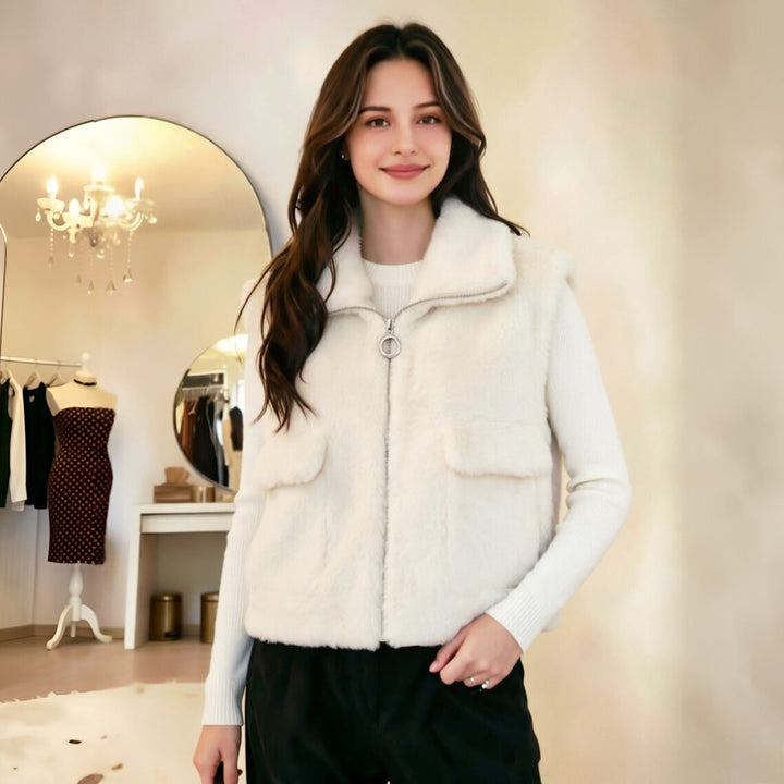 Dam ärmlös Faux Fur väst med ståkrage, dragkedja och Flap fickor
