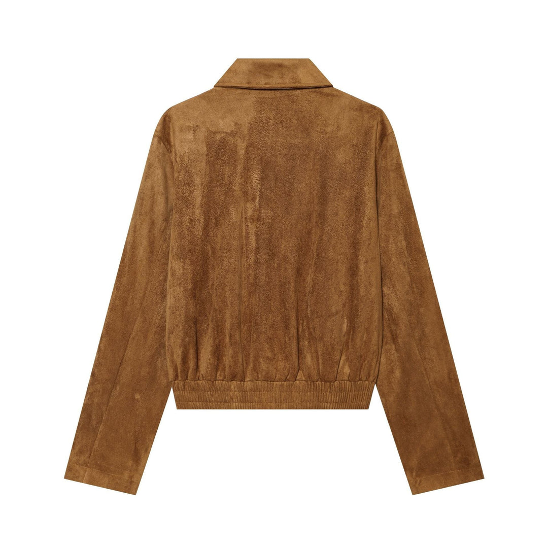 Dam Kort Jacka Tillverkad av Suede Läder med Blouson Silhuett, Stå Krage, och Knapp Knäppning