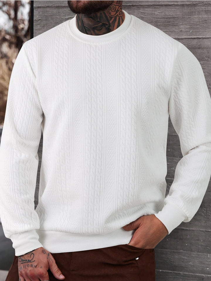 Herr Textured Round Neck College-Tröja med Fin Waffle Structure och Ribbstickade Muddar