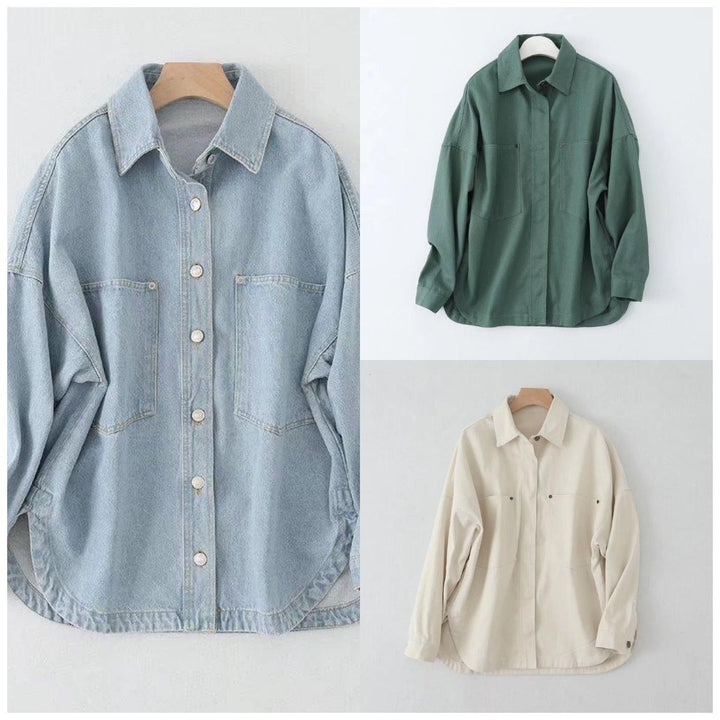 Dam Oversize Jeans Skjortjacka med Patch Fickor och Rounded Nederkant