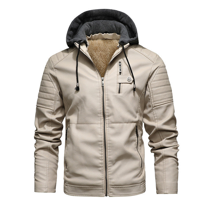 Herr Konstläder Hoodie Blouson med Teddyfoder, Quiltad Ärm Yoke och Huva Lager