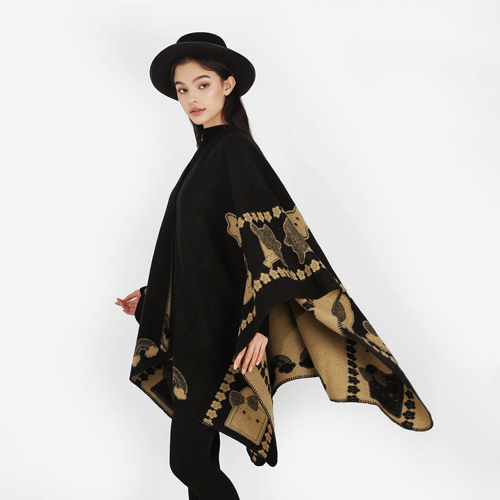Dam Oversize poncho med Jacquard Animal mönster och Asymmetrical Pointed fåll
