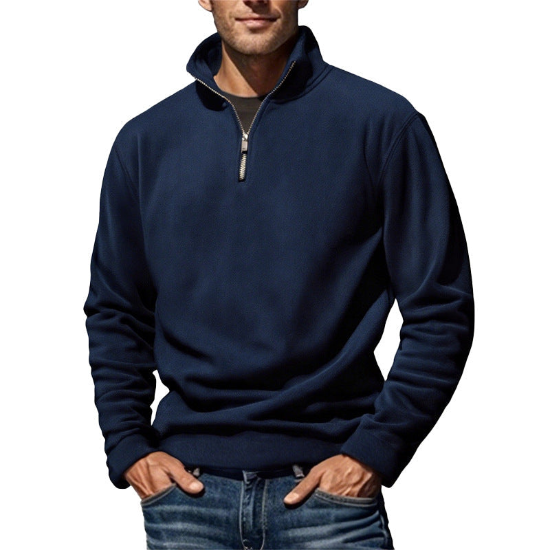 Herr Nano Fleece Halv Dragkedja Pullover med Ståkrage och Ribbstickade Muddar