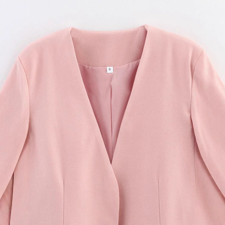 Dam no-button lång blazer jacka med deep V-neck, figursydd darts, och flap fickor