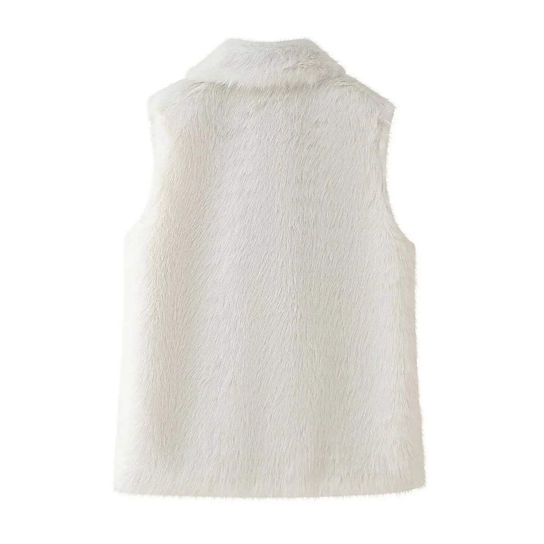 Dam sleeveless faux fur väst med bred sjalkrage, concealed snap knäppning och värmande foder